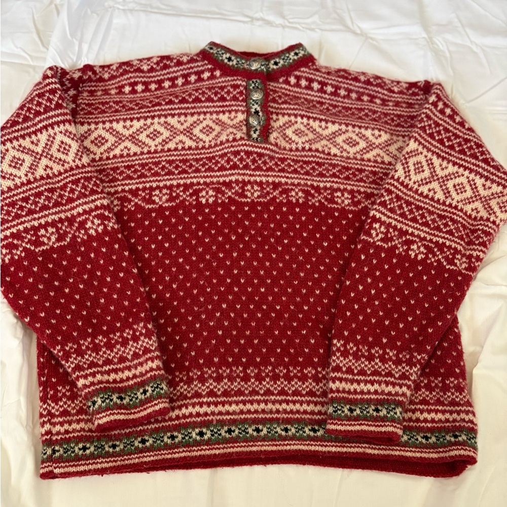 L.L. Bean Red and Cream Nordic Wool Crewneck Sweater